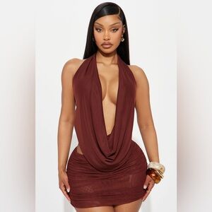 Shayna Cowl Halter Mesh Mini Skirt Set - Brown